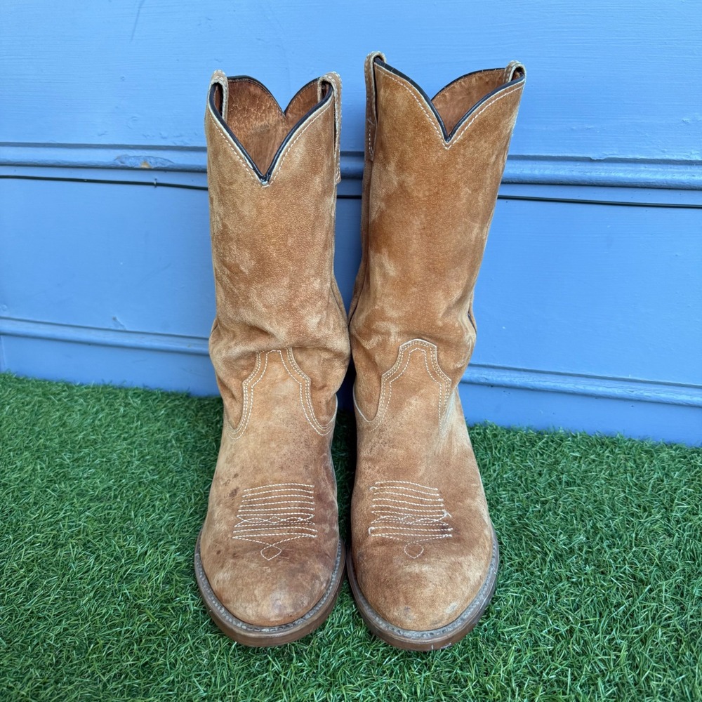 Vtg 70s Wolverine Pigskin Suede Cowboy Boots Men 9.5 EE USA Harvest Wheat Vibram